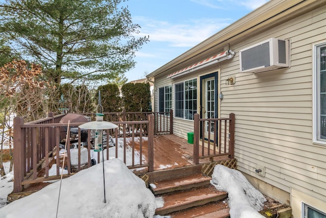 wooden deck with a wall mounted AC