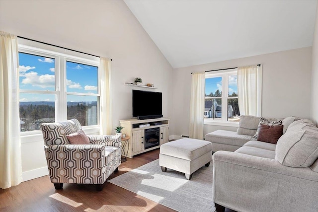 living room featuring high vaulted ceiling, baseboards, and wood finished floors