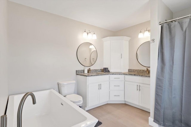 bathroom featuring a sink, toilet, wood finished floors, and double vanity