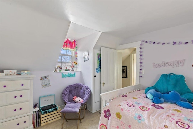 bedroom with light colored carpet and vaulted ceiling