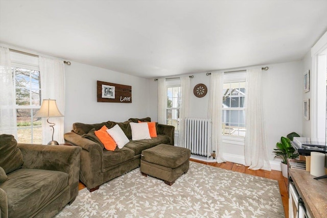 living area with radiator heating unit, baseboards, and wood finished floors