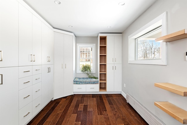 interior space featuring baseboard heating and dark wood-style flooring