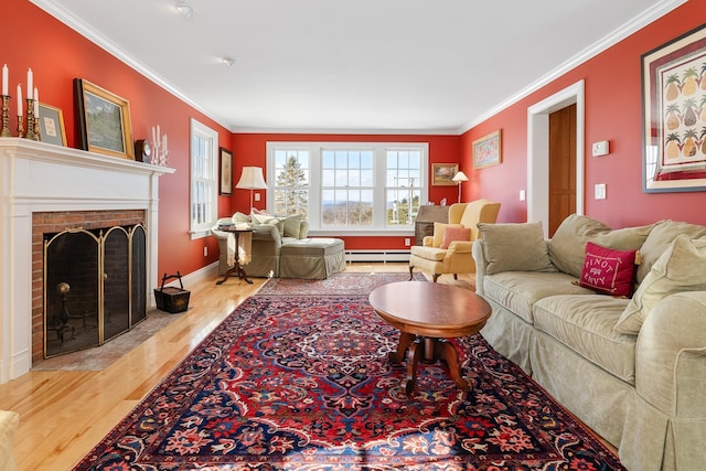 living area with a baseboard radiator, wood finished floors, a fireplace, and crown molding