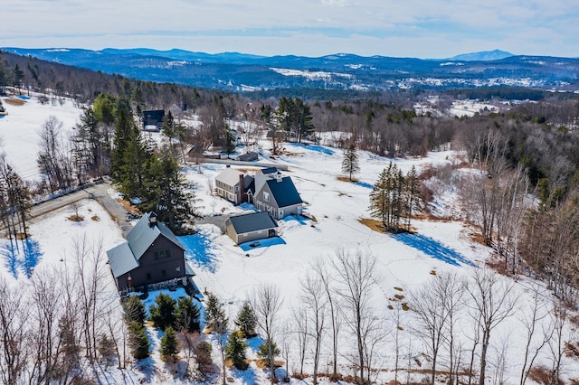 snowy aerial view featuring a view of trees and a mountain view