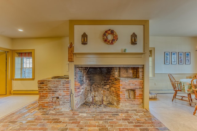 details with recessed lighting, a baseboard heating unit, a fireplace, and a baseboard radiator