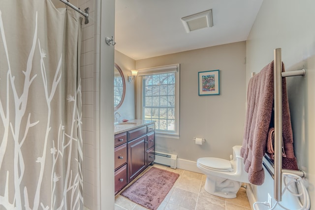 full bath featuring toilet, a baseboard heating unit, tile patterned flooring, baseboards, and vanity