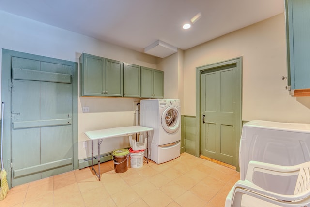 washroom featuring recessed lighting, cabinet space, and baseboard heating