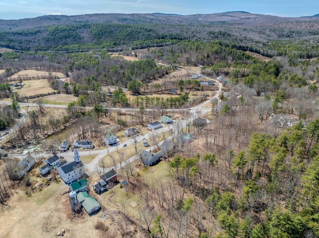 drone / aerial view with a mountain view and a wooded view