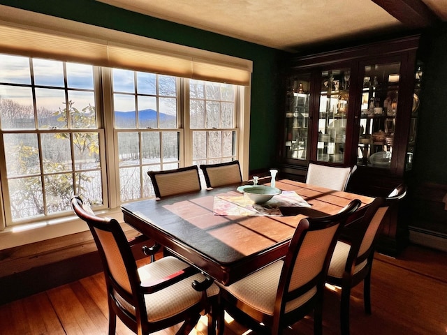 dining area with a mountain view and hardwood / wood-style floors