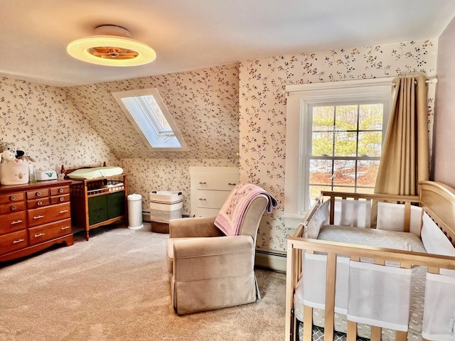 living area featuring wallpapered walls, lofted ceiling with skylight, and light carpet