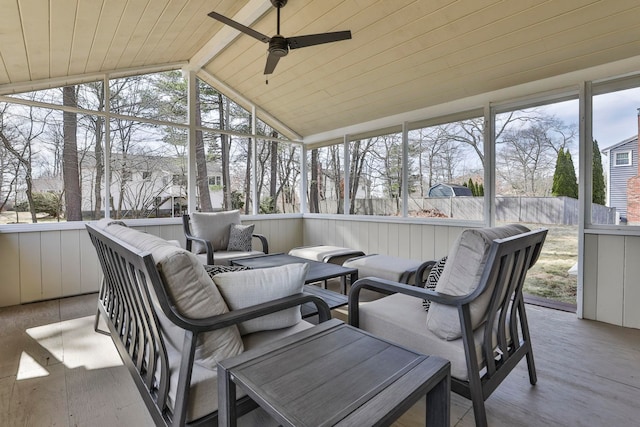 sunroom / solarium featuring wooden ceiling, vaulted ceiling with beams, plenty of natural light, and ceiling fan