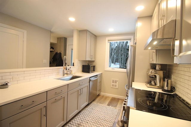 kitchen with a sink, appliances with stainless steel finishes, ventilation hood, and gray cabinetry