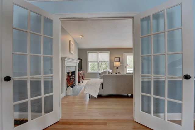 interior space with a lit fireplace and wood finished floors