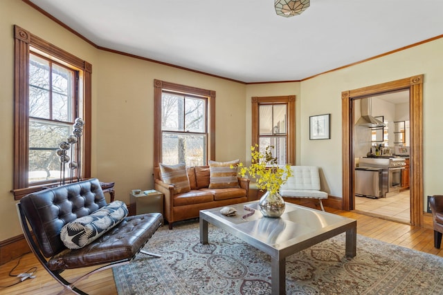 living area featuring baseboards, light wood-style floors, a healthy amount of sunlight, and crown molding