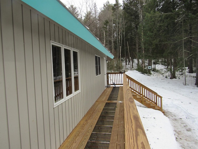 view of snow covered deck