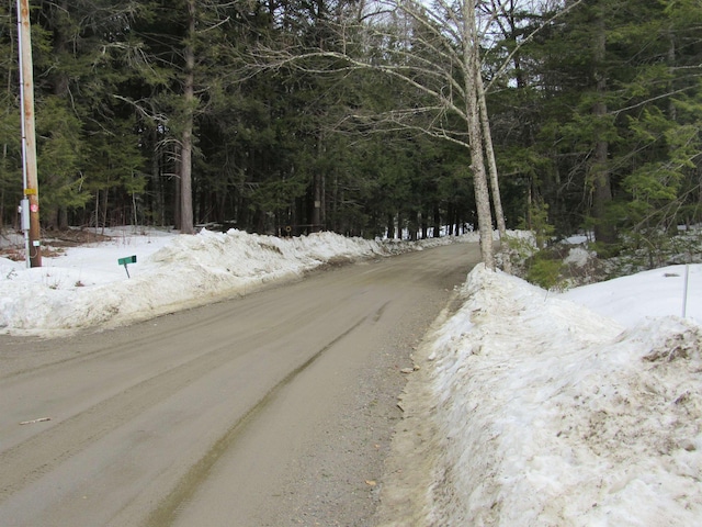 view of road with a wooded view