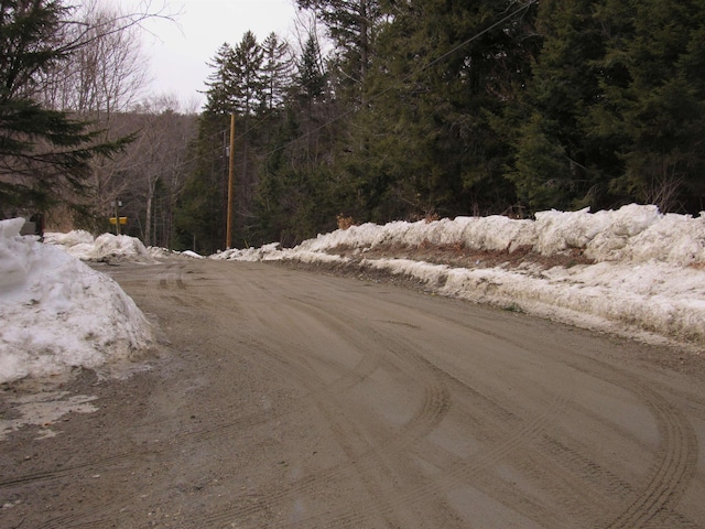 view of road with a wooded view