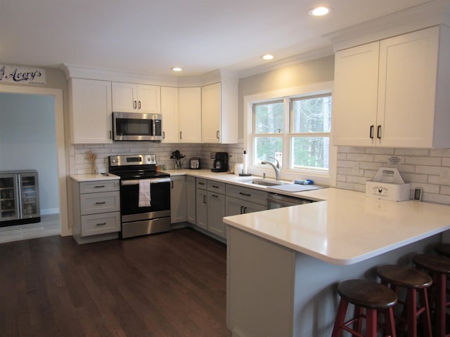 kitchen featuring a sink, dark wood-type flooring, appliances with stainless steel finishes, and light countertops