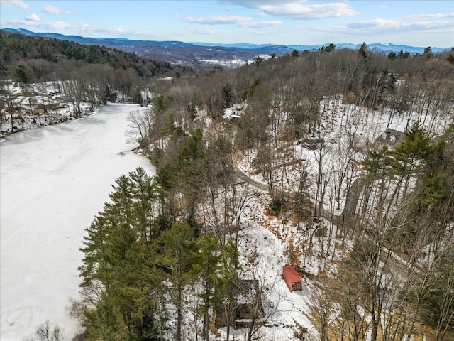 snowy aerial view with a mountain view and a forest view