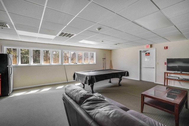 game room featuring visible vents, carpet flooring, billiards, and a drop ceiling