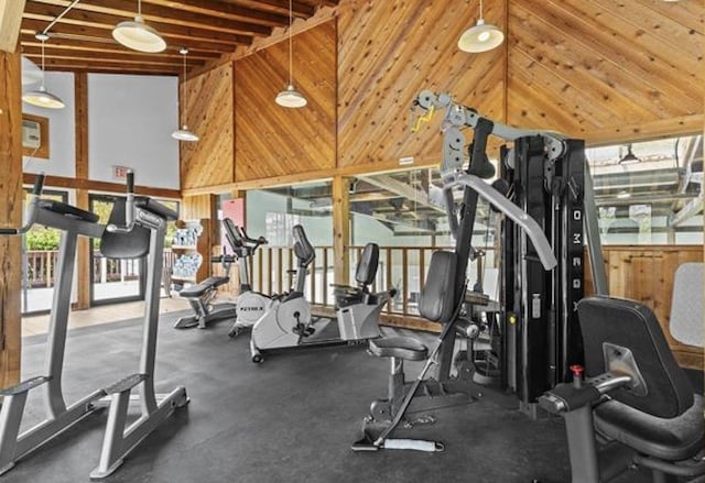 exercise room with wooden walls and a towering ceiling