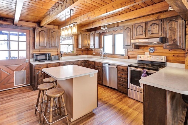 kitchen featuring under cabinet range hood, light countertops, appliances with stainless steel finishes, wooden ceiling, and a sink