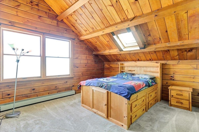 bedroom featuring a baseboard heating unit, lofted ceiling with skylight, wood walls, and light carpet