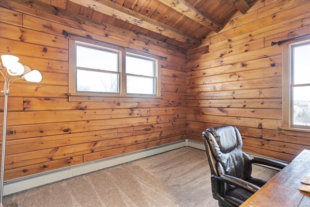 unfurnished office featuring lofted ceiling with beams, carpet flooring, wood ceiling, and baseboard heating