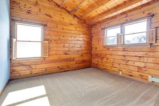 unfurnished room featuring carpet, vaulted ceiling with beams, wood walls, a baseboard heating unit, and wooden ceiling