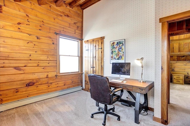 home office featuring wallpapered walls, beamed ceiling, carpet, and baseboard heating