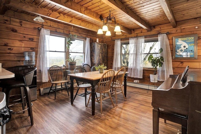 dining room featuring a wealth of natural light, wood walls, wood ceiling, and a baseboard heating unit