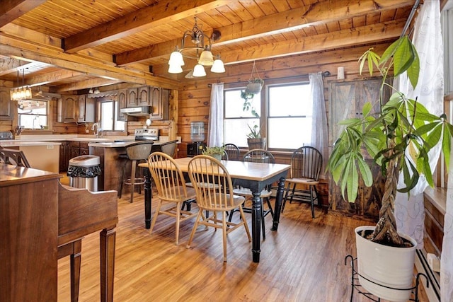 dining area featuring an inviting chandelier, wood ceiling, and light wood finished floors