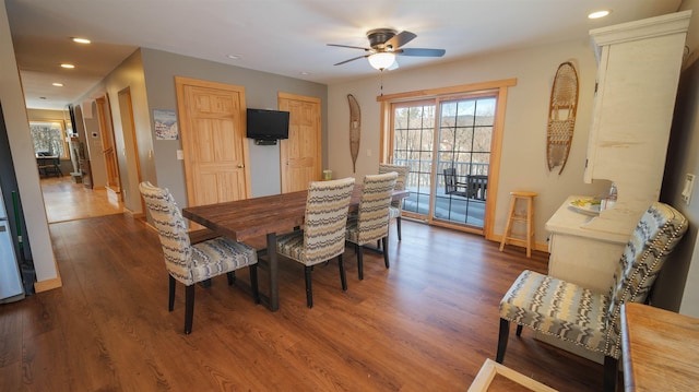 dining space with recessed lighting, baseboards, dark wood finished floors, and a ceiling fan