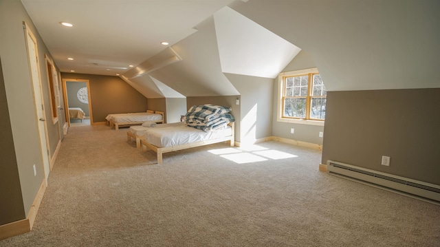 unfurnished bedroom featuring carpet, baseboards, lofted ceiling, recessed lighting, and a baseboard heating unit