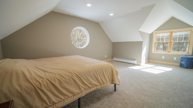 carpeted bedroom featuring baseboard heating, recessed lighting, baseboards, and vaulted ceiling