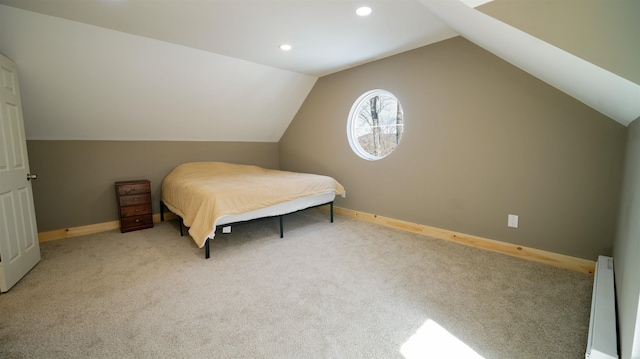 bedroom featuring lofted ceiling, recessed lighting, baseboards, and carpet floors