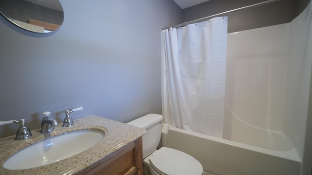 full bathroom with shower / bathtub combination with curtain, toilet, and vanity