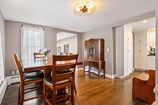 dining space featuring dark wood finished floors, recessed lighting, and baseboards