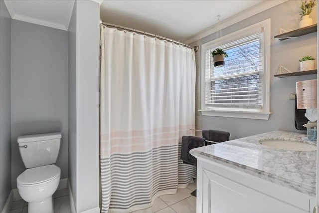 bathroom featuring vanity, a shower with curtain, tile patterned flooring, crown molding, and toilet