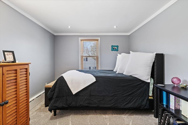 carpeted bedroom with a baseboard heating unit, recessed lighting, and ornamental molding