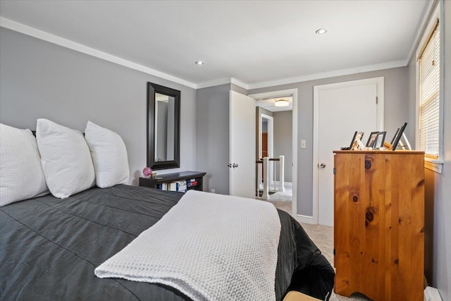 carpeted bedroom featuring recessed lighting, baseboards, baseboard heating, and ornamental molding