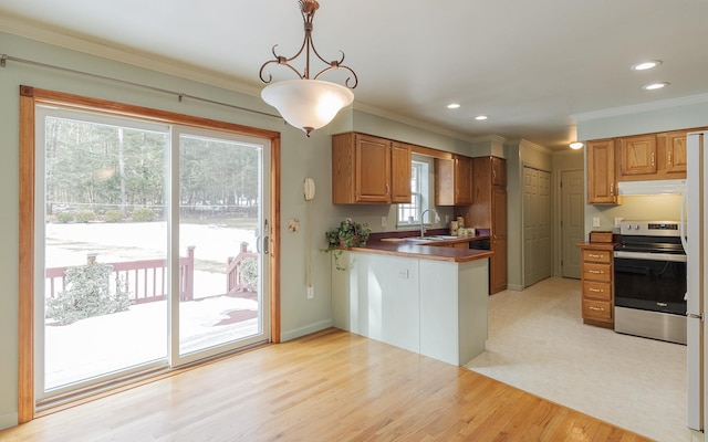 kitchen with stainless steel range with electric stovetop, a sink, a peninsula, crown molding, and light wood finished floors