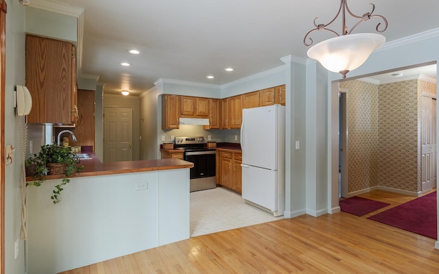 kitchen with light wood finished floors, stainless steel electric stove, freestanding refrigerator, ornamental molding, and under cabinet range hood