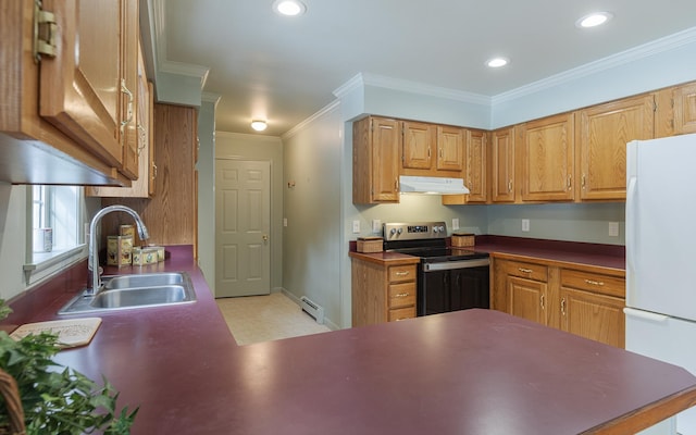 kitchen with freestanding refrigerator, a sink, ornamental molding, stainless steel range with electric cooktop, and under cabinet range hood