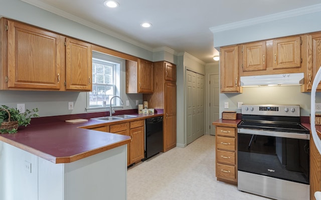 kitchen featuring under cabinet range hood, dishwasher, stainless steel range with electric cooktop, a peninsula, and a sink