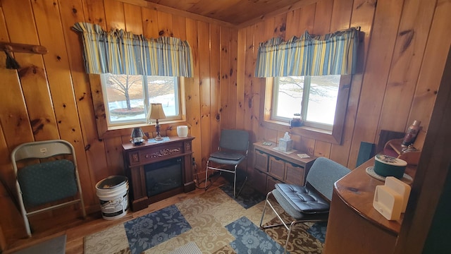 sitting room with wooden walls