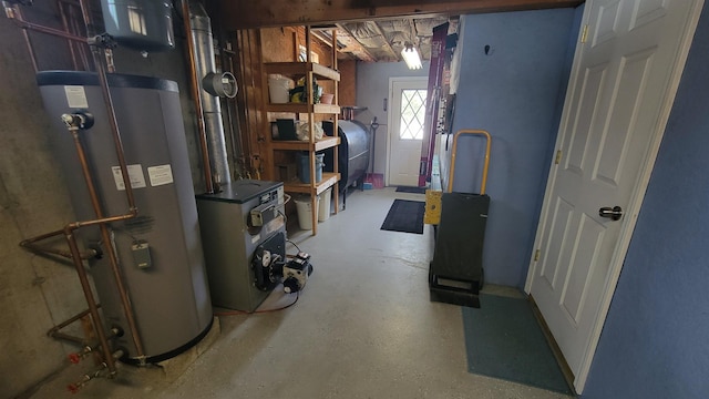 basement with heating fuel, a heating unit, and water heater