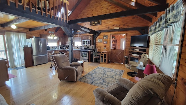 living room with a notable chandelier, light wood-style flooring, lofted ceiling with beams, wood walls, and wooden ceiling