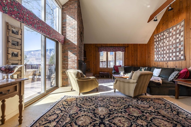 carpeted living area with high vaulted ceiling and wood walls