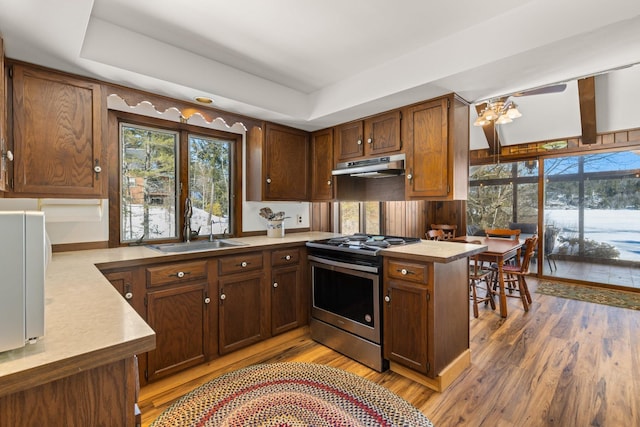 kitchen with stainless steel gas stove, light wood finished floors, under cabinet range hood, and a sink